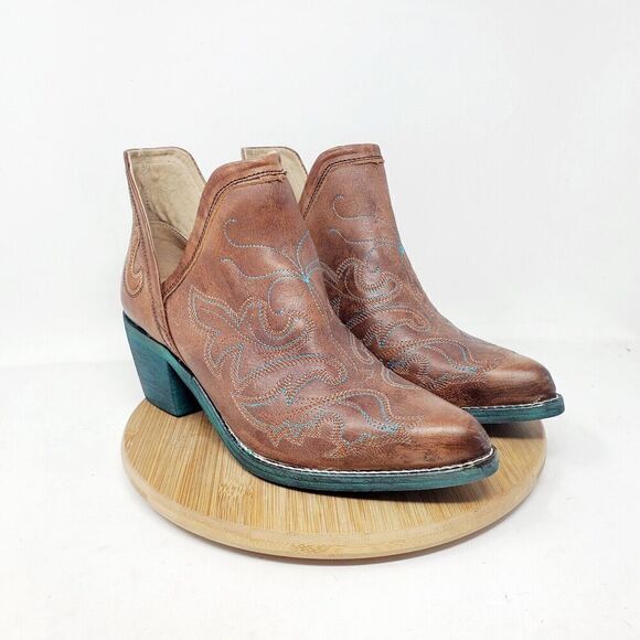 Circle G Boot Women 7 LD Cognac Brown Leather Turquoise Blue Western Cowboy Shoe - Picture 2 of 14